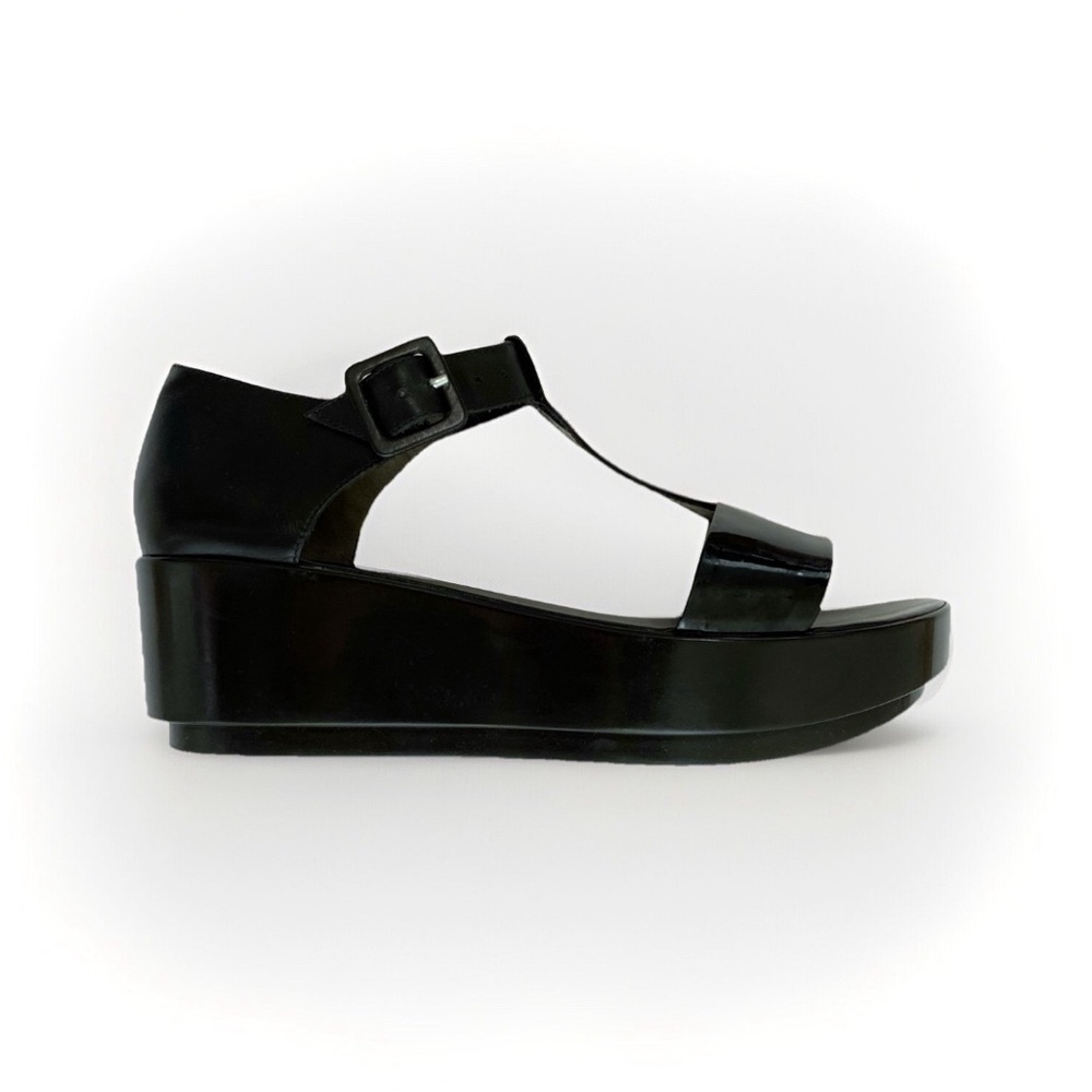 VINTAGE ROBERT CLERGERIE BLACK LEATHER T STRAP PLATFORM SANDALS